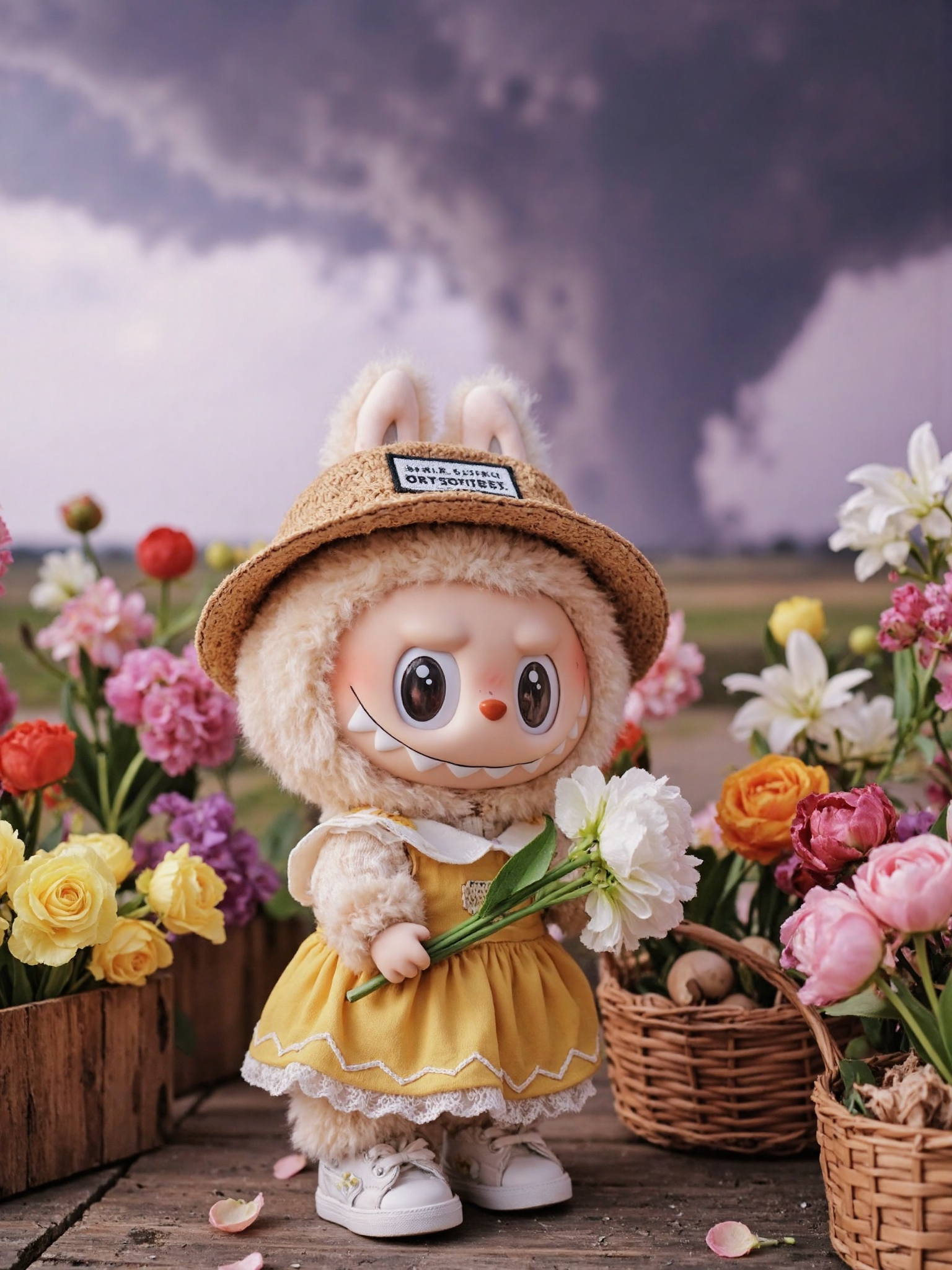 Labubu in Flower Market With Tornado Sky