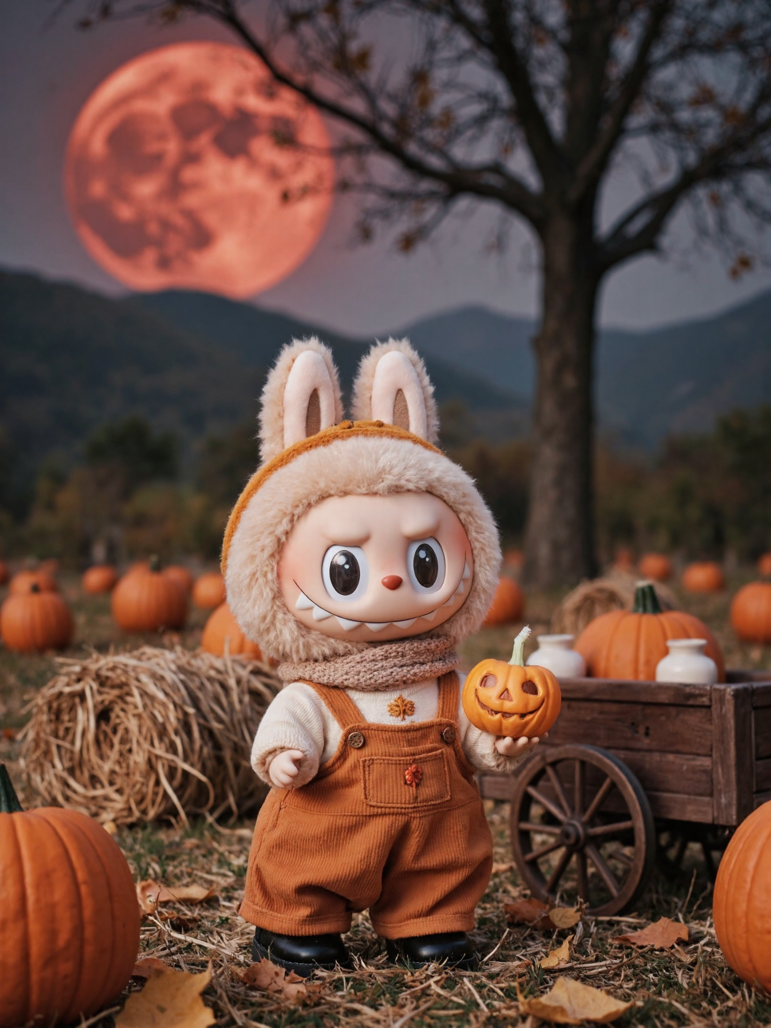 Labubu in Pumpkin Patch With Blood Moon