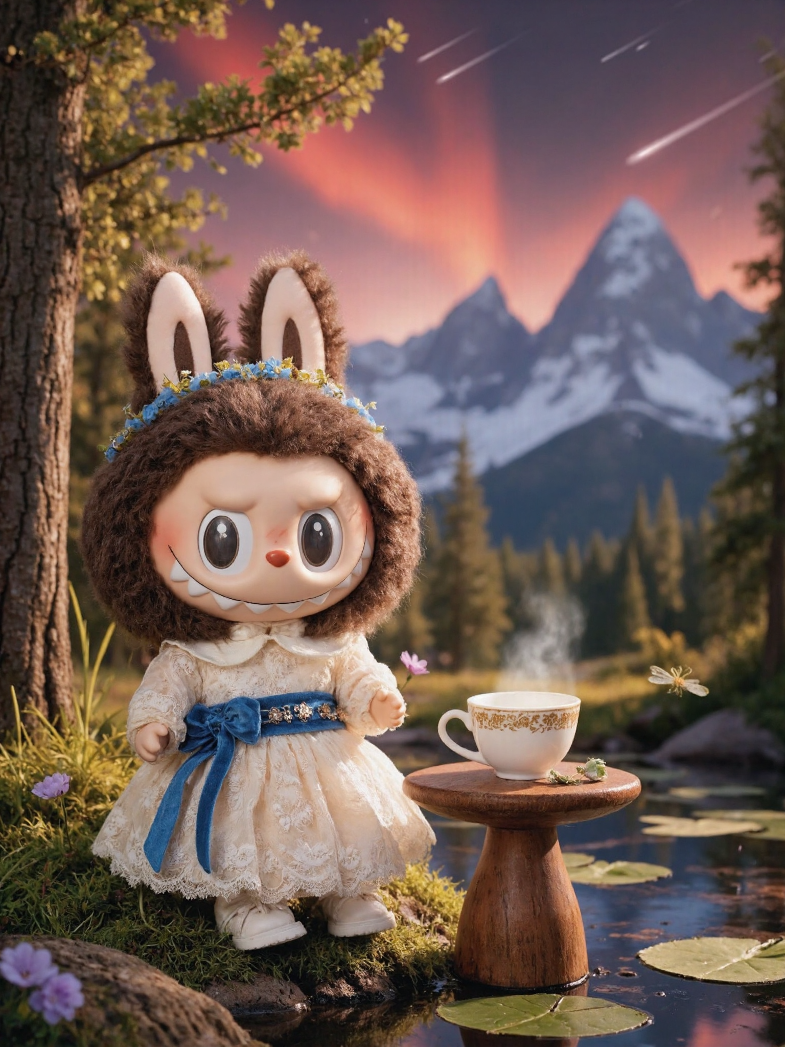 Labubu on Mossy Log in Forest Clearing