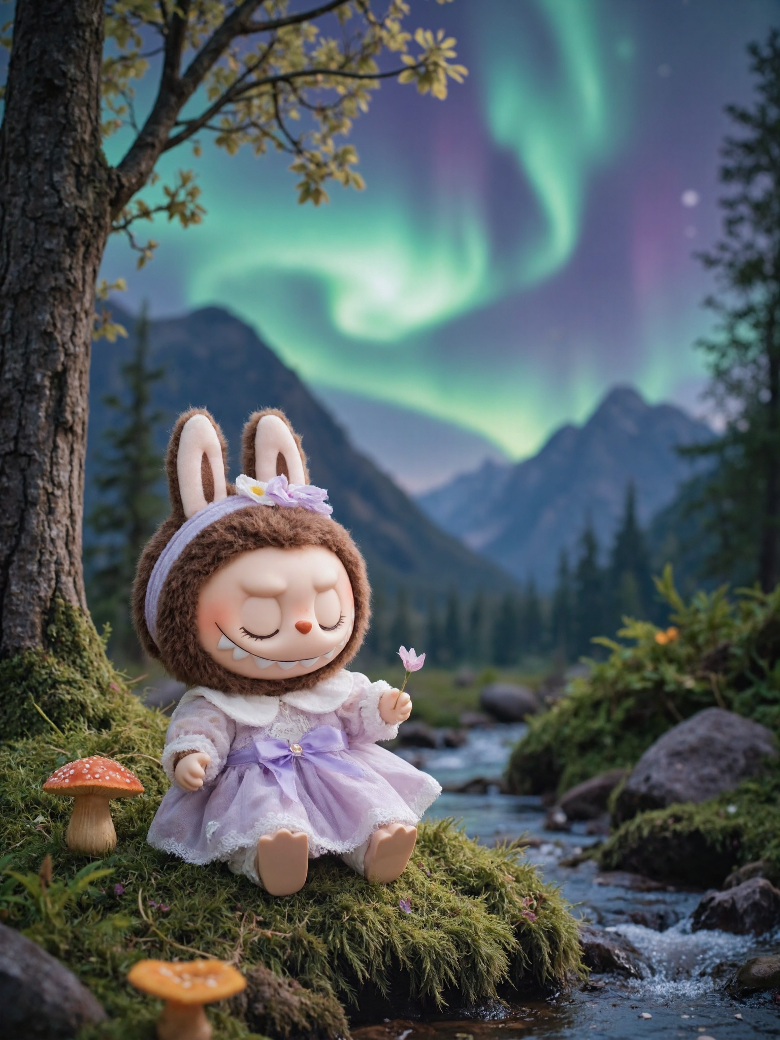 Labubu on Blanket in Moonlit Meadow with Shooting Stars