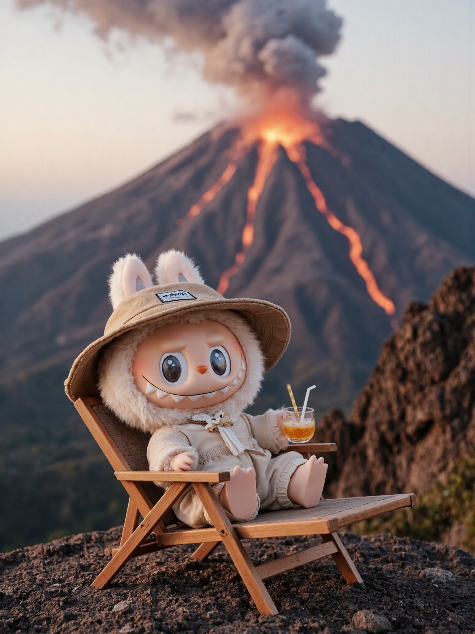 Labubu Relaxing by Volcano Eruption